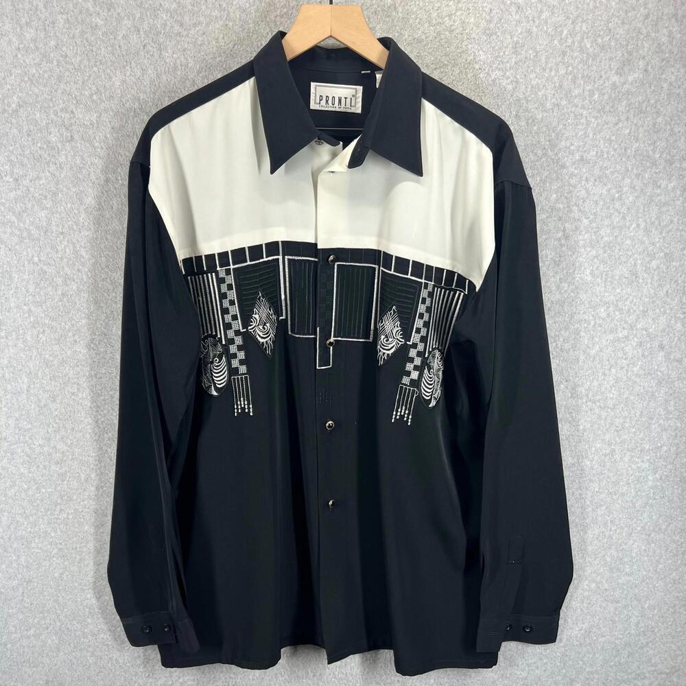 Pronti by Phita Mens L Button Down‎ Shirt Black White Colorblock Embroidered EUC
